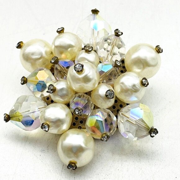 Unbranded Jewelry - Simulated Pearl Starburst Pin Aurora Borealis Beads Gold Tone Snowflake Flower